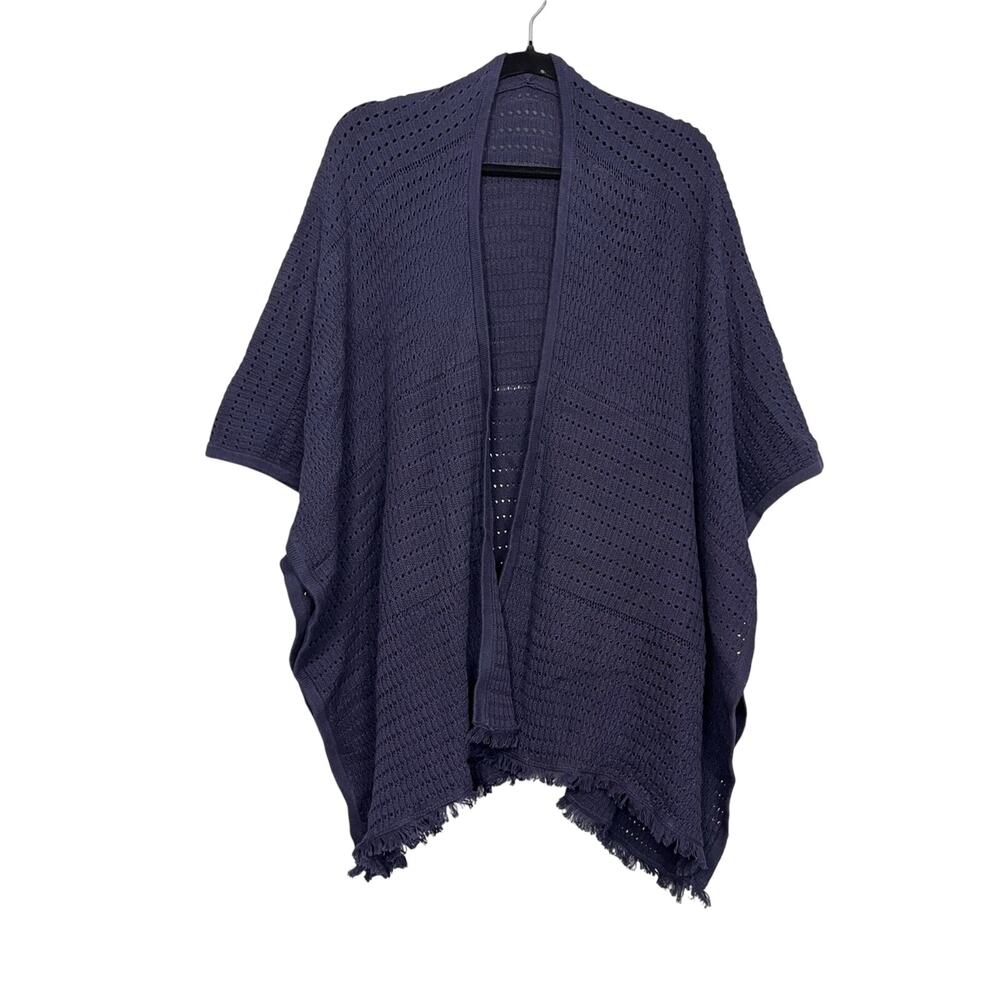 Talbots Women’s Navy Blue Open Front Knit Fringe Hem Sweater Wrap Kimono NWT